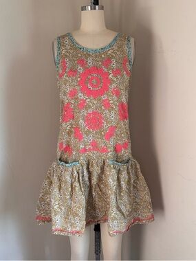 Uncle Frank Gold Floral Mini Dress with Pink Embroidery
